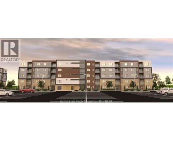 A rendering of a multi-story apartment complex with a parking lot in front.