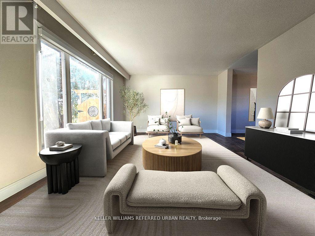 A modern living room with a grey sofa and a wooden coffee table.
