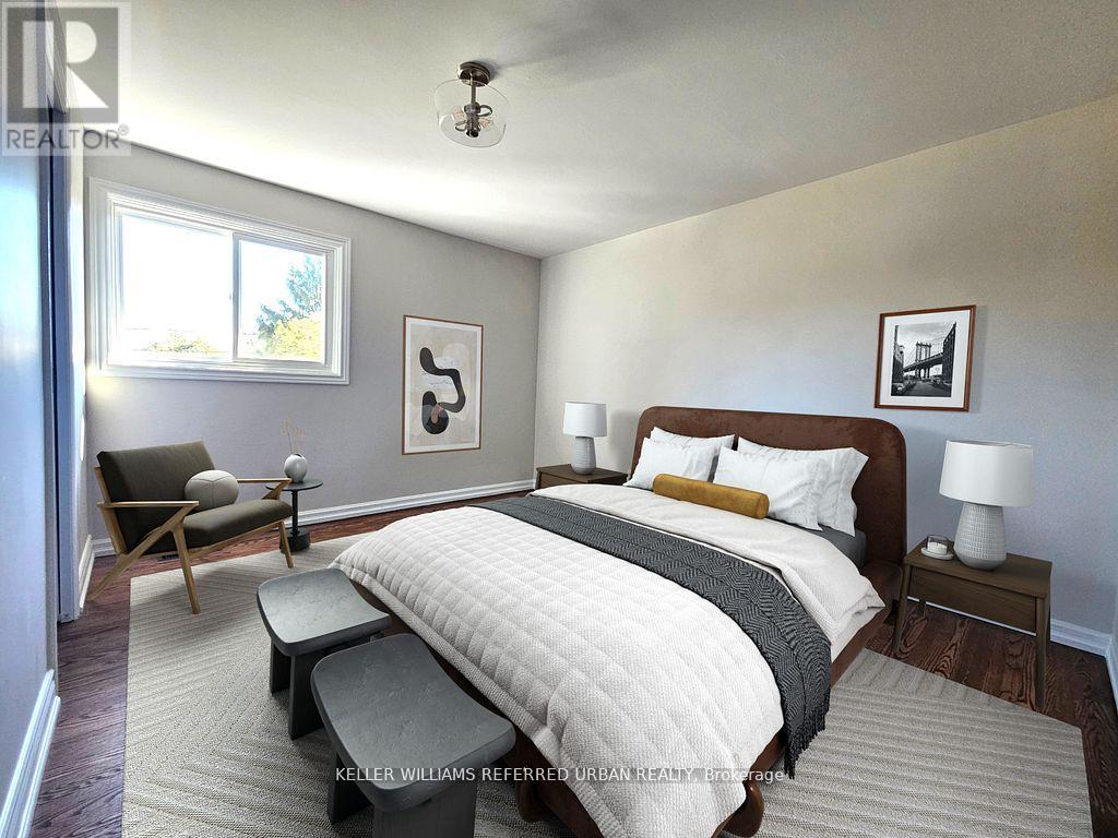 A bedroom with a large bed and a chair by the window.