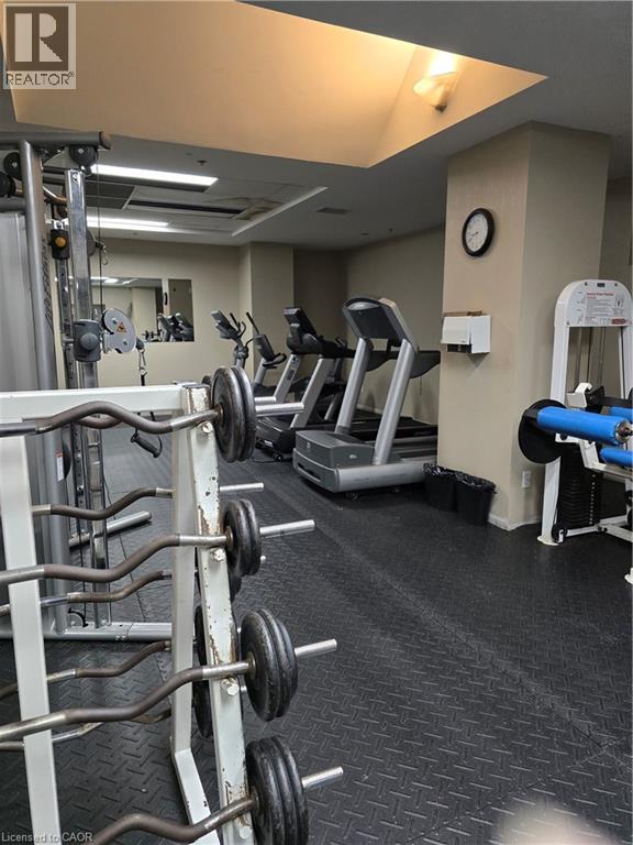 A gym with a weight rack, treadmill, and other exercise equipment.