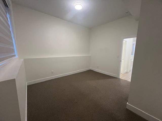 A room with a carpeted floor and a ceiling light.