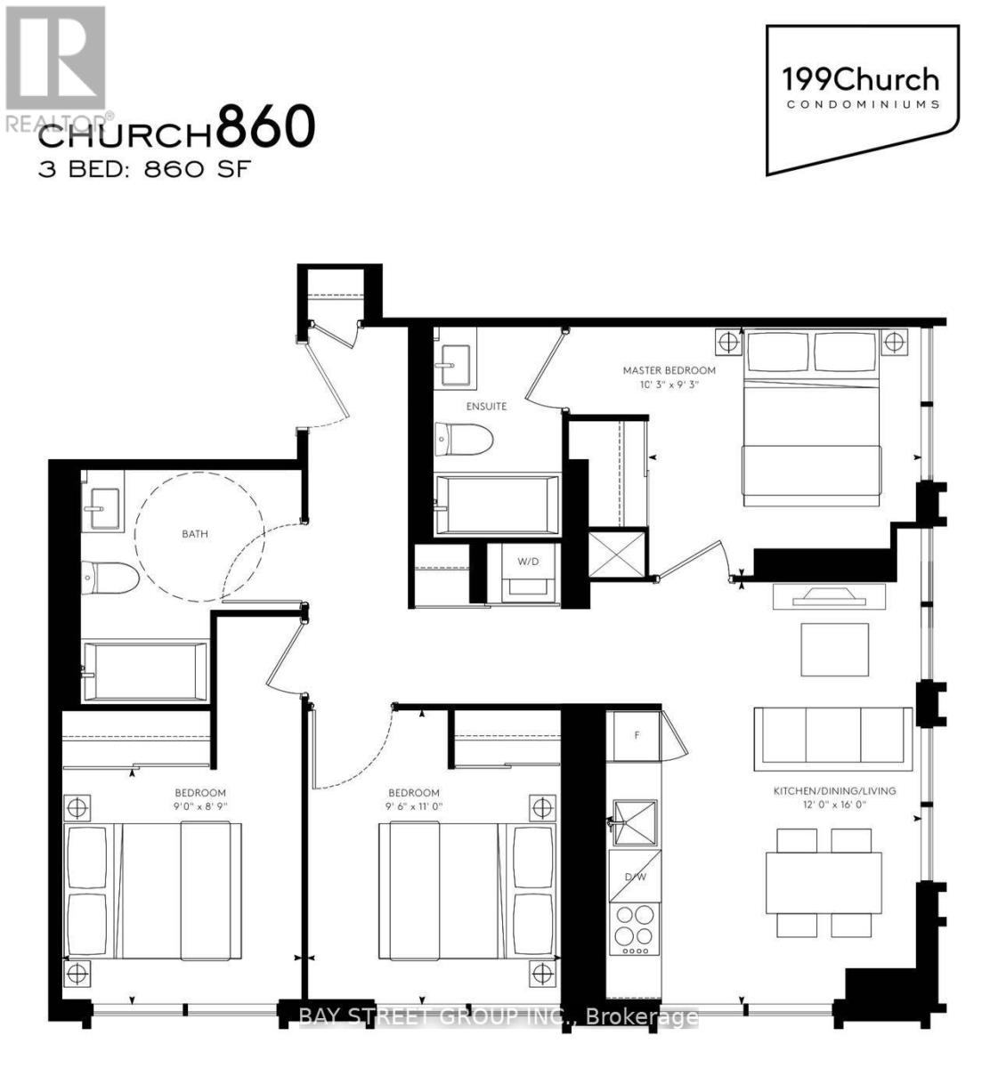 A black and white floor plan for a 3 bedroom condo at 199 Church Street.