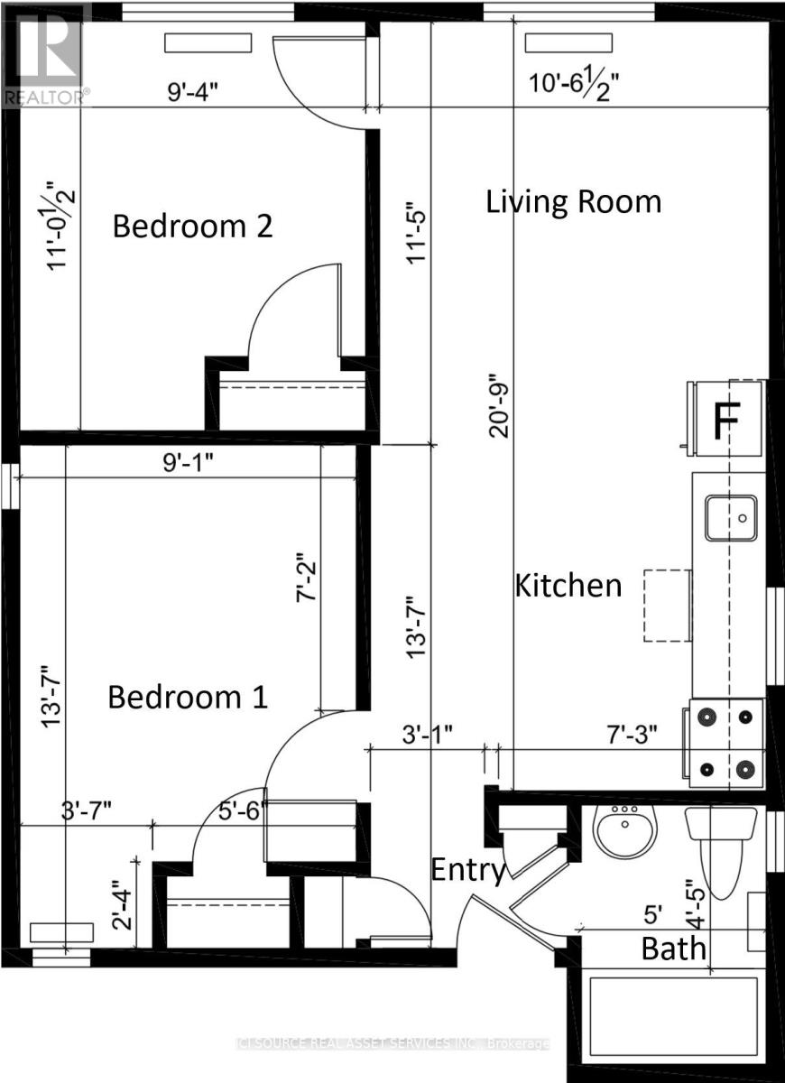 A floor plan of a small apartment with two bedrooms and a living room.