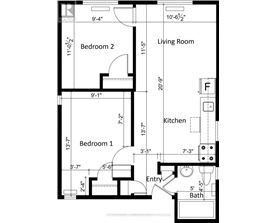 A floor plan of a small apartment with two bedrooms and a living room.