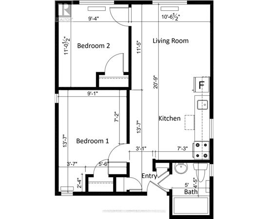 A floor plan of a small apartment with two bedrooms and a living room.