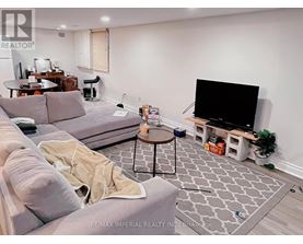 A living room with a grey couch, a black TV, and a grey and white patterned rug.