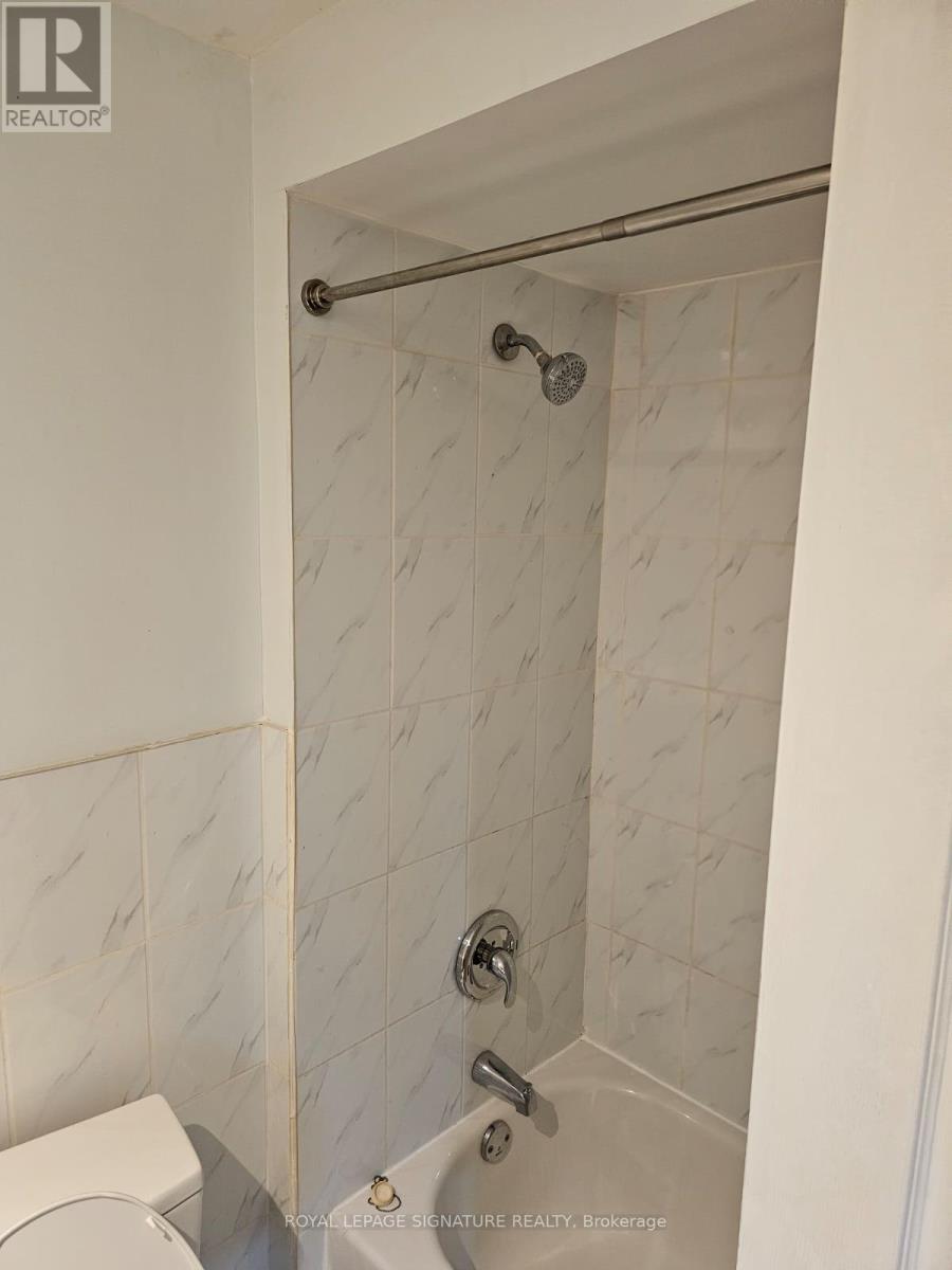 A white tiled shower with a glass door and a silver shower head.