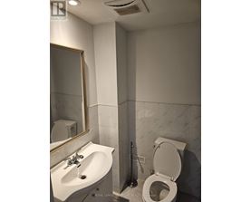 A white toilet is in a bathroom with a sink and mirror.