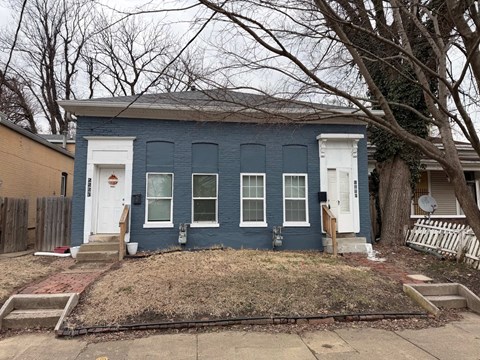 A blue house with a white door and windows.