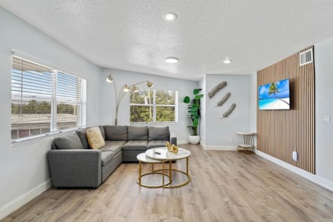 A living room with a grey sofa and a coffee table.