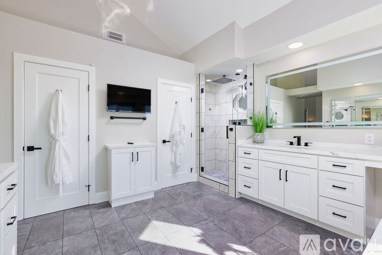 A bathroom with a walk-in shower and a vanity with a mirror.