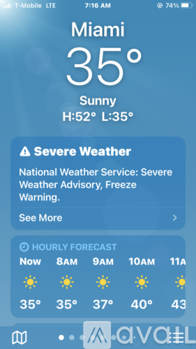 The image shows a weather forecast for Miami with a current temperature of 35 degrees and a severe weather warning.