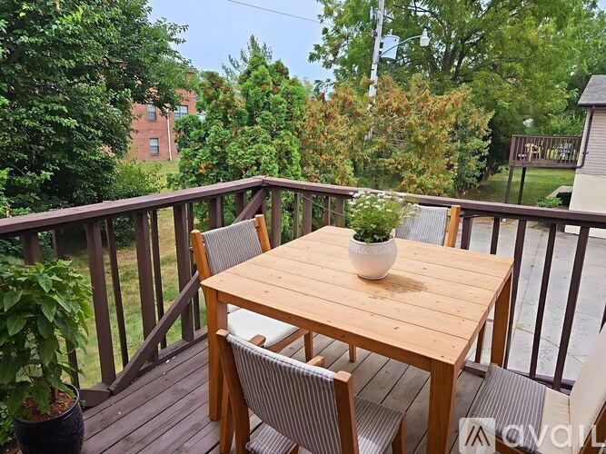 A wooden table with chairs on a deck with a potted plant on the left and a tree in the background.