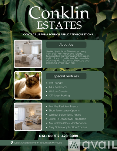 A flyer for Conklin Estates with contact information and a list of special features.