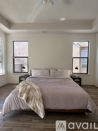 A bedroom with a large bed and two windows.