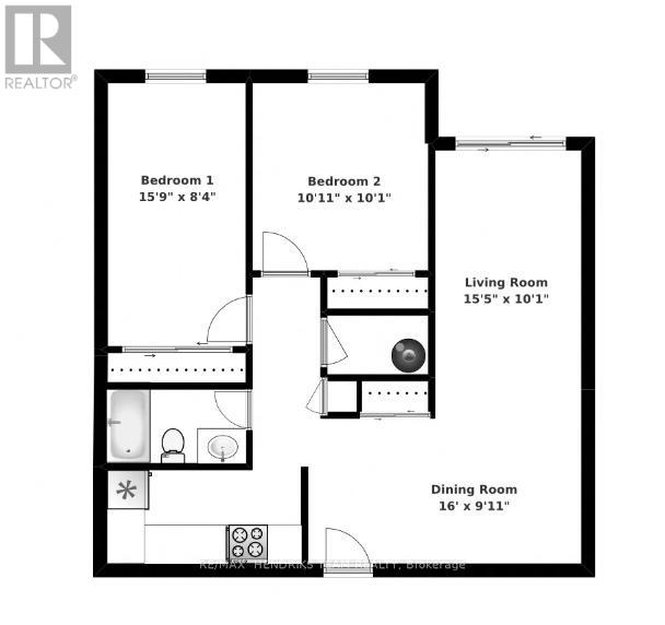 A floor plan of a small apartment with two bedrooms and a living room.