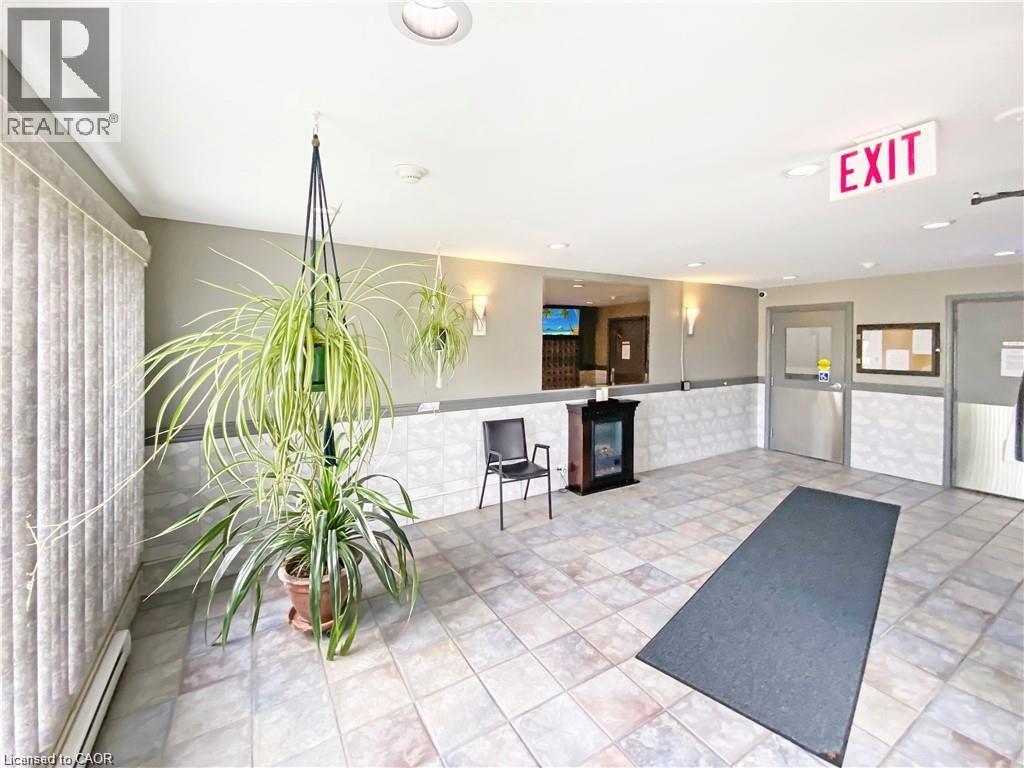 A room with a plant, a chair, and a fireplace with an exit sign above it.