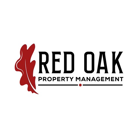 A logo for Red Oak Property Management featuring a stylized tree in red.