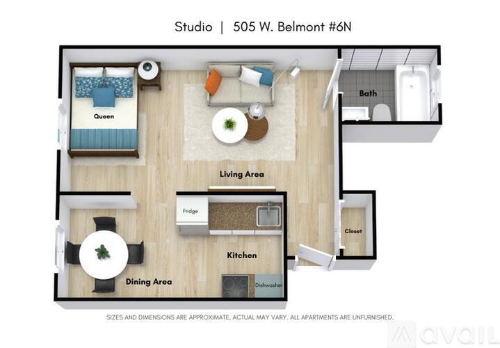 A floor plan of a studio apartment at 505 W. Belmont #6N.