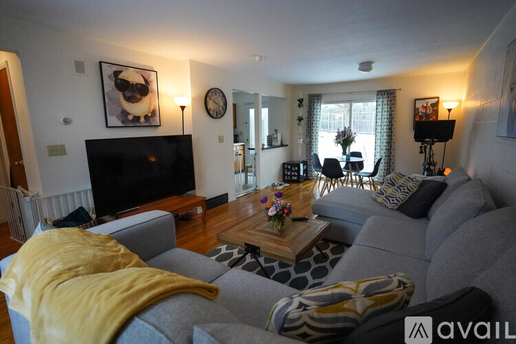 A living room with a grey couch and a television.