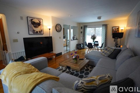 A living room with a grey couch and a television.