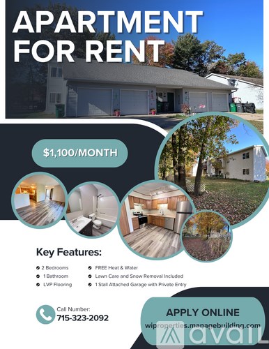 Apartment for rent with a monthly rate of $1,100, featuring 2 bedrooms, free heat and water, lawn care and snow removal, LVP flooring, and a 1 stall attached garage with
