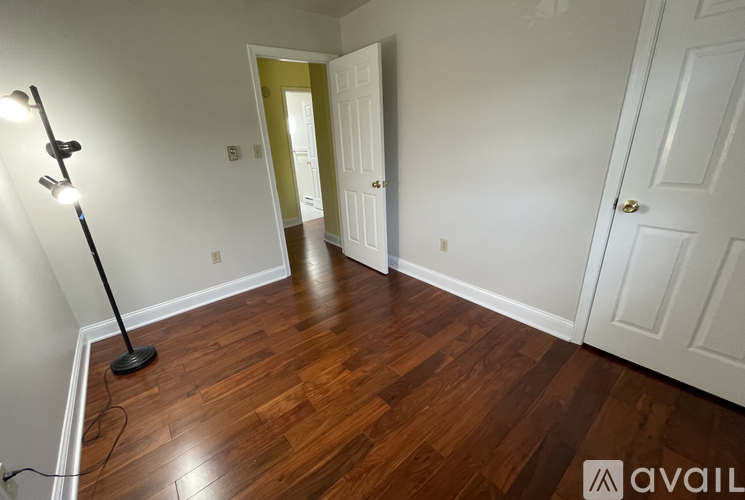A room with a wooden floor and a lamp on the left side.