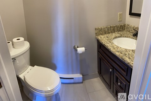 A bathroom with a toilet, sink, and a roll of toilet paper.