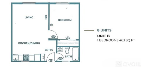 A floor plan of an apartment with one bedroom and 463 square feet.