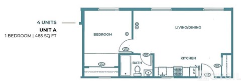 A floor plan of a 4 unit apartment building with one bedroom apartment labeled Unit A.