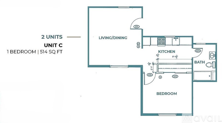 A floor plan of a 2 unit apartment with Unit C having 1 bedroom and 514 square feet.
