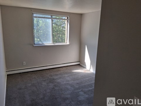 A room with a window and carpeted floor.
