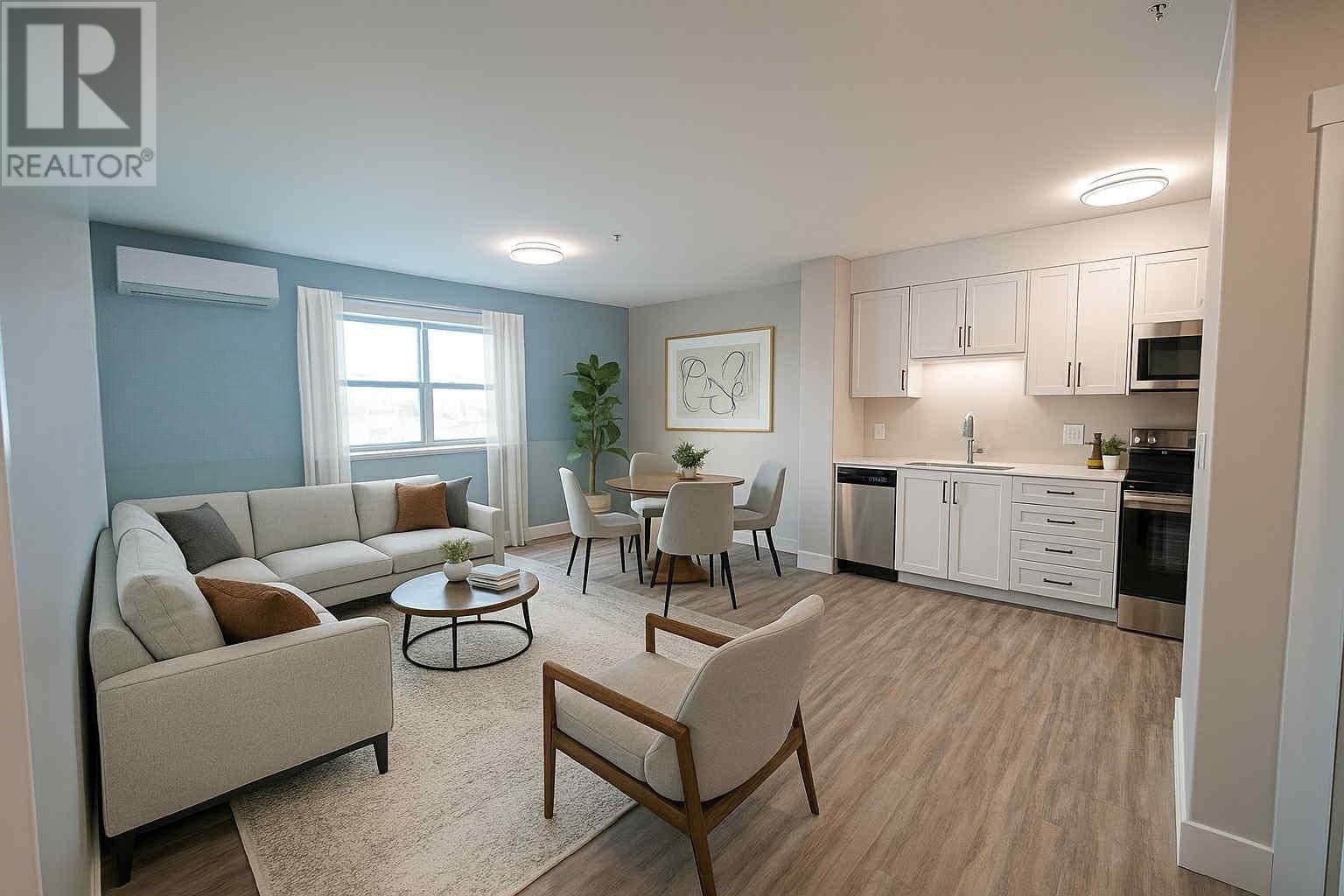 A living room with a couch, chairs, and a dining table.