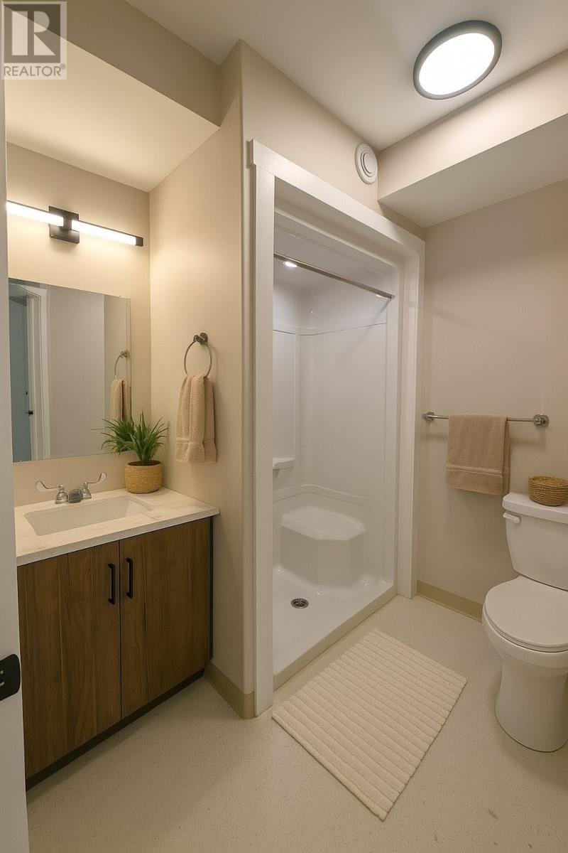 A bathroom with a white toilet, sink, and a walk-in shower.