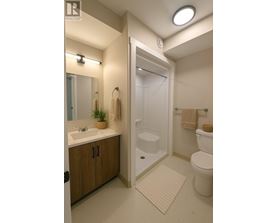 A bathroom with a white toilet, sink, and a walk-in shower.