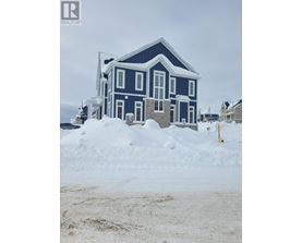 A blue house with a large snow pile in front.