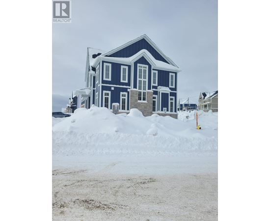 A blue house with a large snow pile in front.