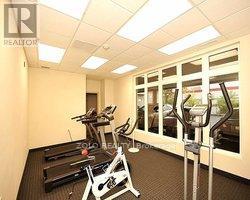 A gym room with a treadmill, exercise bike and weights.