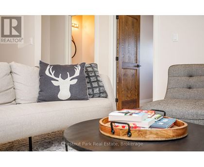 A living room with a couch, a pillow with a deer head, a wooden door, and a coffee table with books and a tray.