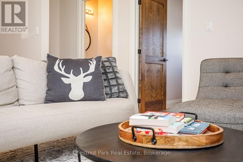 A living room with a couch, a pillow with a deer head, a wooden door, and a coffee table with books and a tray.