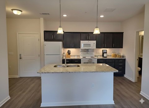 A kitchen with a granite countertop and black cabinets.