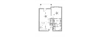 A floor plan of a house with a kitchen, living room, and two bedrooms.