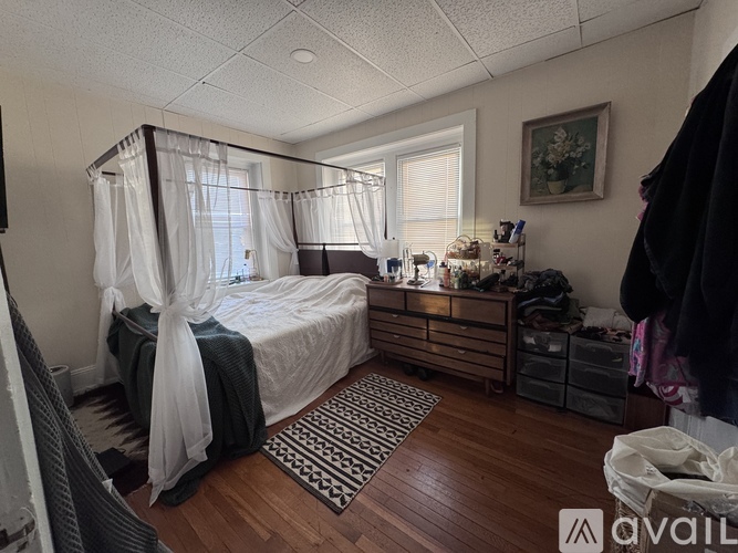 A bedroom with a canopy bed and a dresser.