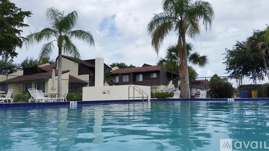 A swimming pool in front of a house with a palm tree.