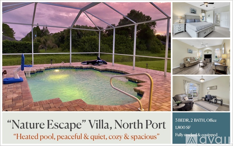 A collage of images showcasing a villa with a heated pool and various rooms.