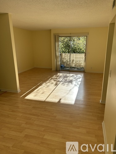 A room with wooden flooring and a large window with sunlight coming through.