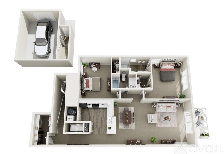 A top down view of a house layout with a garage and a living room.