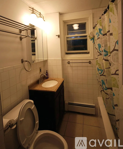 A bathroom with a toilet, sink, and shower.