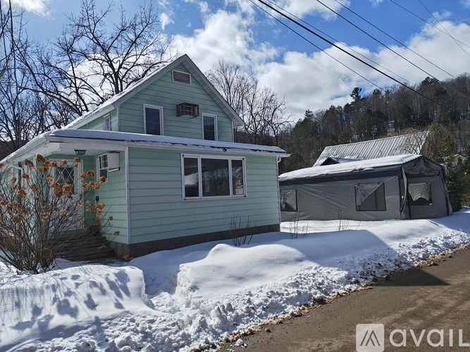A house with a green siding and a grey roof is surrounded by snow.