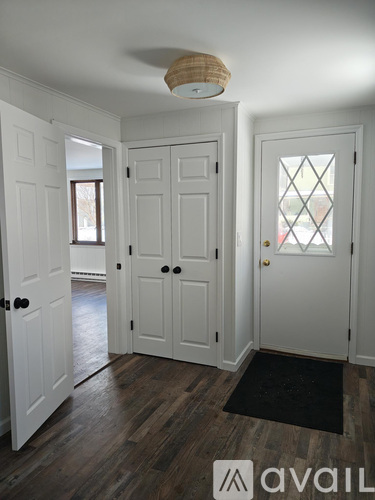 A hallway with a black mat on the floor and a door on the right.